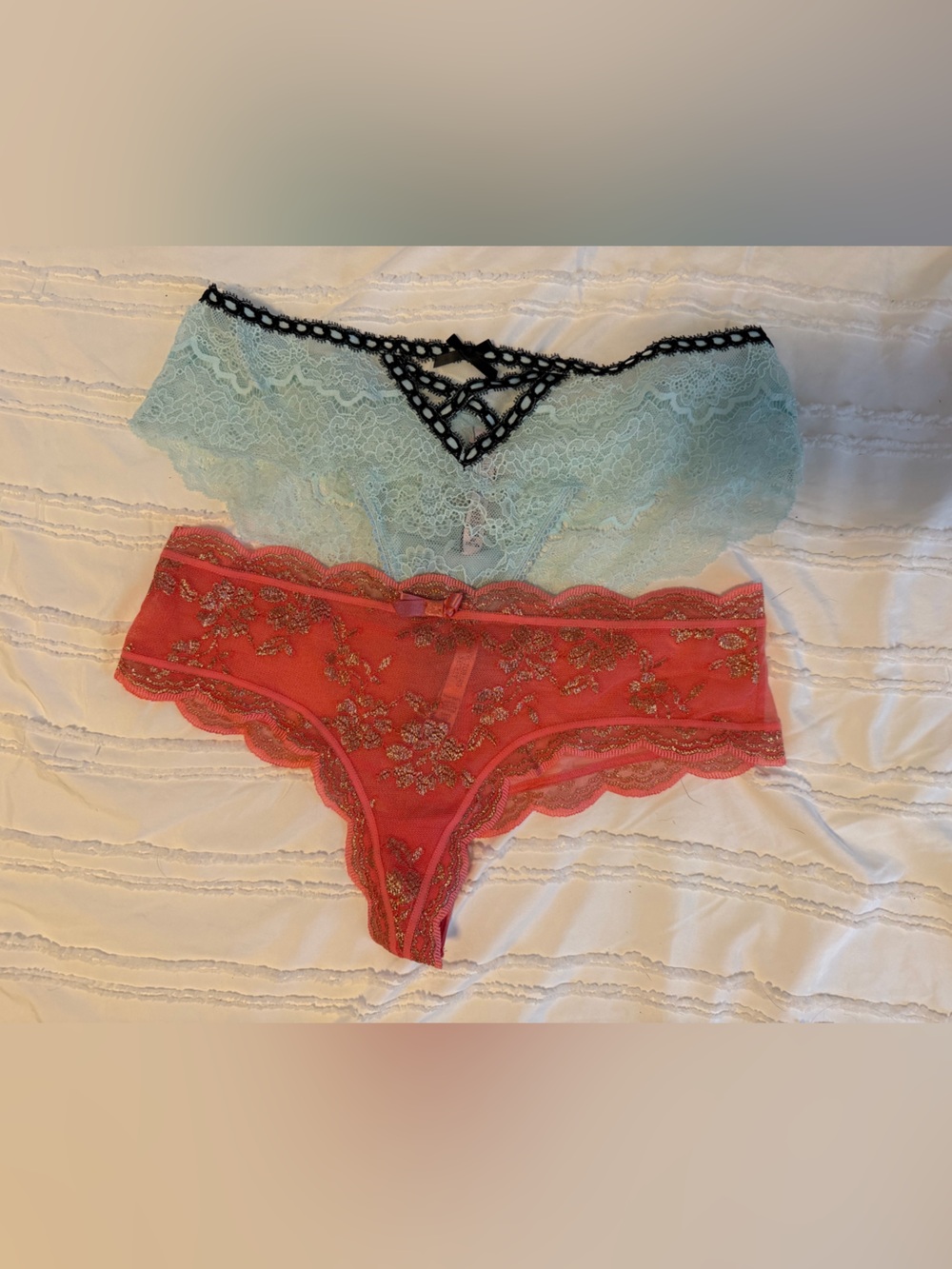 Victoria's Secret Lace Bikini Set in Coral and Mint with Black Trim